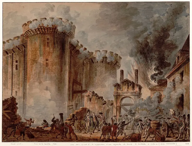 Watercolor of smoke rising over the Bastille fortress's towers as crowds and soldiers fill the courtyard in front of it.