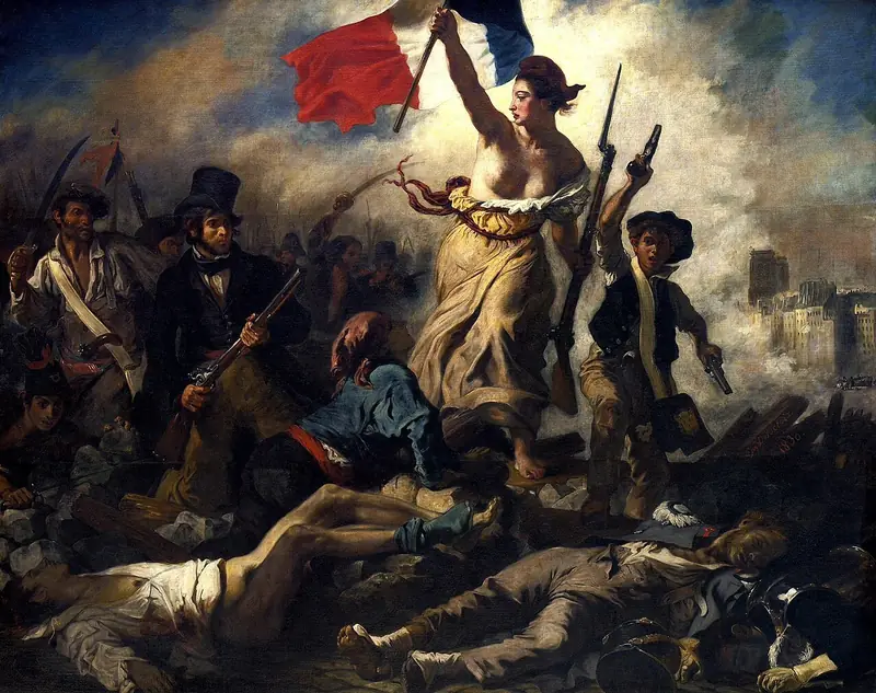 Painting of a bare-breasted woman personifying Liberty, holding the French tricolor flag aloft and leading armed Parisians over a barricade.