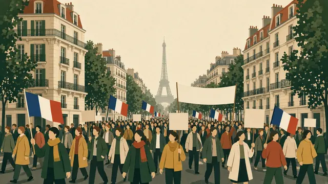 Illustration: a crowd of faceless marchers with French flags and blank banners fills a tree-lined Paris boulevard, the Eiffel Tower in the haze behind.