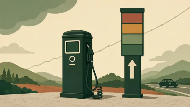 Illustration: a green gas pump beside a roadside price sign with an upward arrow, a rising line chart drawn across the sky behind.