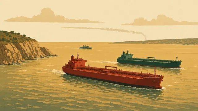 Illustration: two oil tankers, one red and one green, cross a narrow golden strait between rocky coastlines, with a small warship in the distance and a trail of smoke on the horizon.